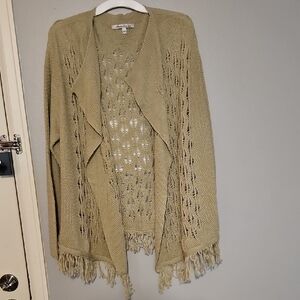 American Rag Olive Open Front Cardigan with Fringe
